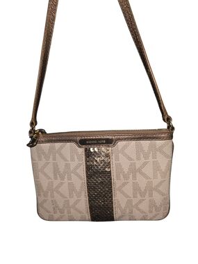 Michael Kors Beige Canvas Crossbody with Gold Sequin Stripe